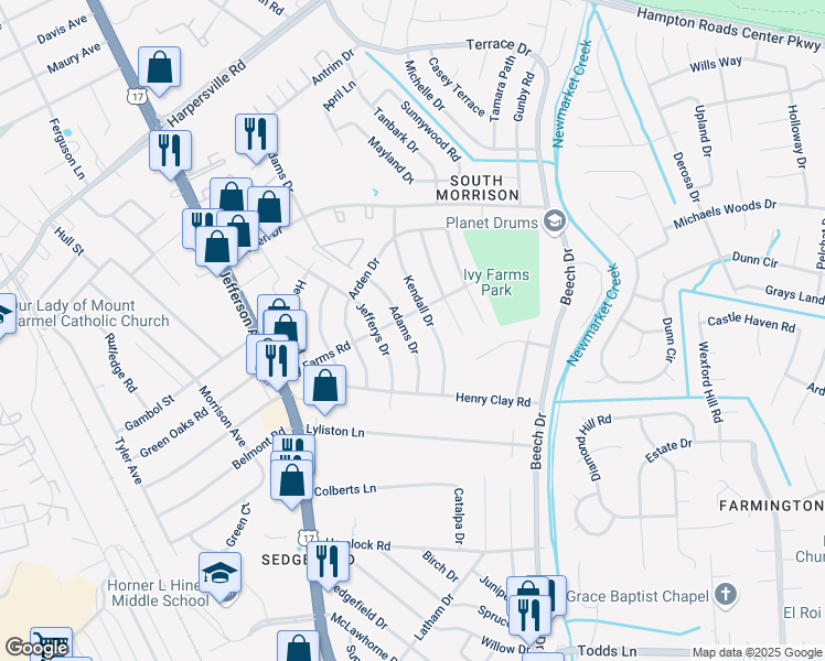 map of restaurants, bars, coffee shops, grocery stores, and more near 117 Adams Drive in Newport News