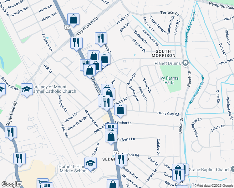 map of restaurants, bars, coffee shops, grocery stores, and more near 94 Gum Grove Drive in Newport News