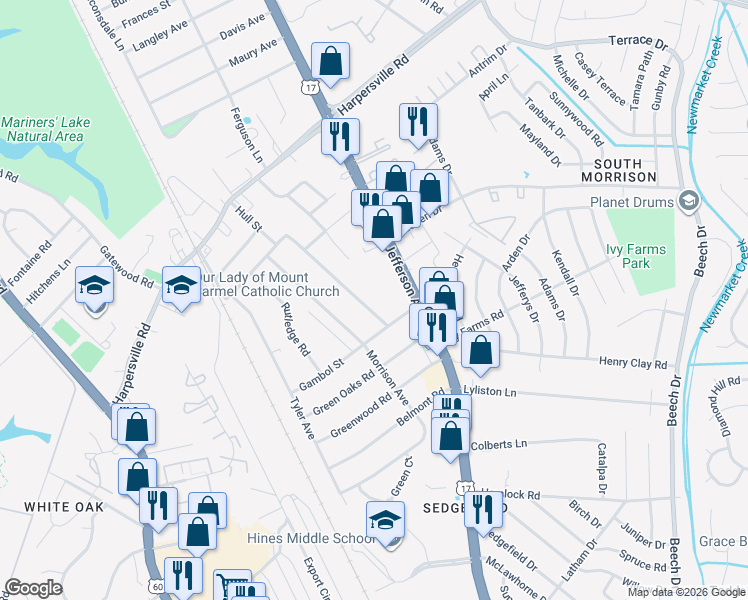 map of restaurants, bars, coffee shops, grocery stores, and more near 129 Hull Street in Newport News