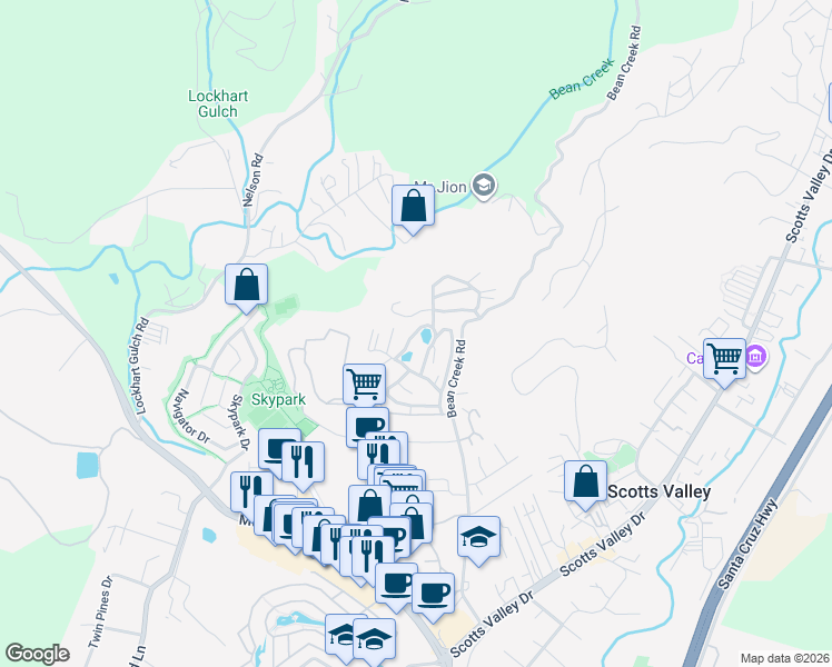 map of restaurants, bars, coffee shops, grocery stores, and more near 552 Bean Creek Road in Scotts Valley