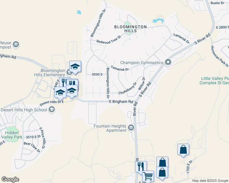map of restaurants, bars, coffee shops, grocery stores, and more near 1131 Chokeberry Drive in St. George