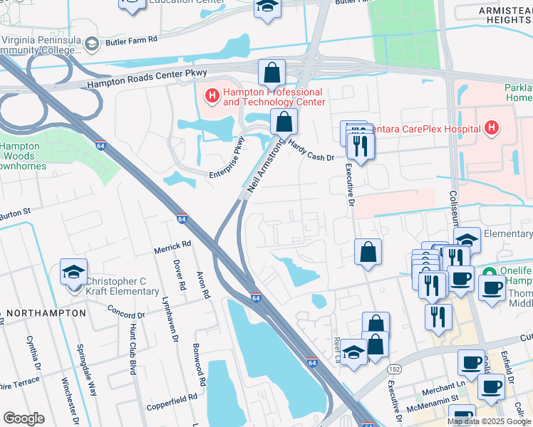 map of restaurants, bars, coffee shops, grocery stores, and more near 328 Wells Court in Hampton