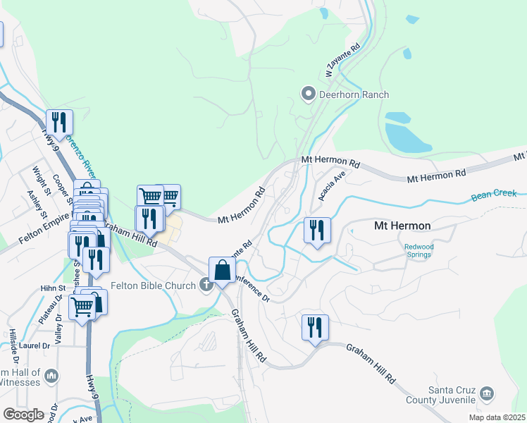 map of restaurants, bars, coffee shops, grocery stores, and more near 21 Highland Avenue in Felton