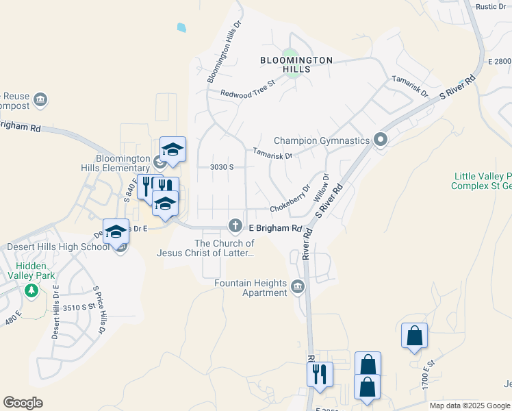 map of restaurants, bars, coffee shops, grocery stores, and more near 1121 Chokeberry Drive in St. George