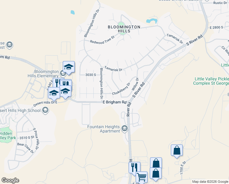map of restaurants, bars, coffee shops, grocery stores, and more near 1157 Chokeberry Drive in St. George