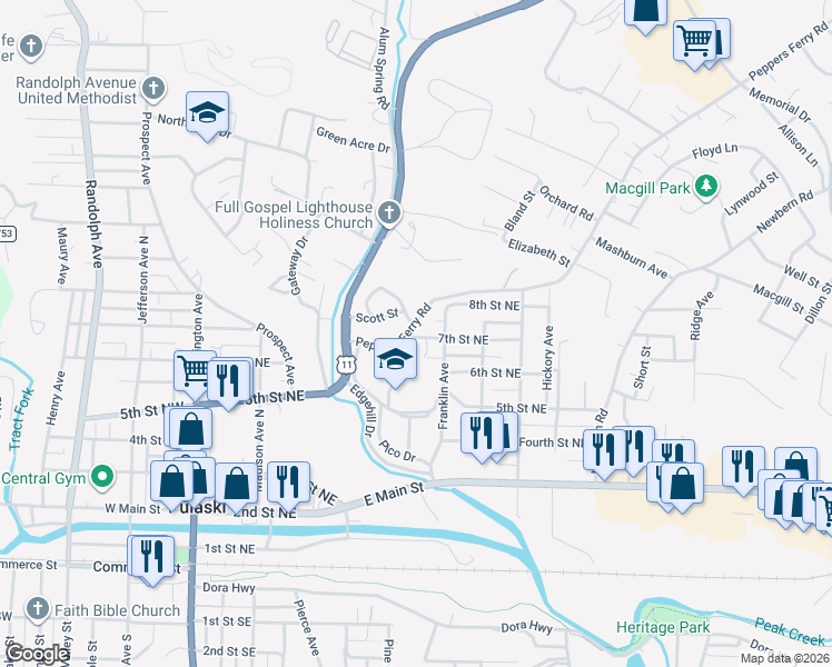 map of restaurants, bars, coffee shops, grocery stores, and more near 509-511 Peppers Ferry Road in Pulaski