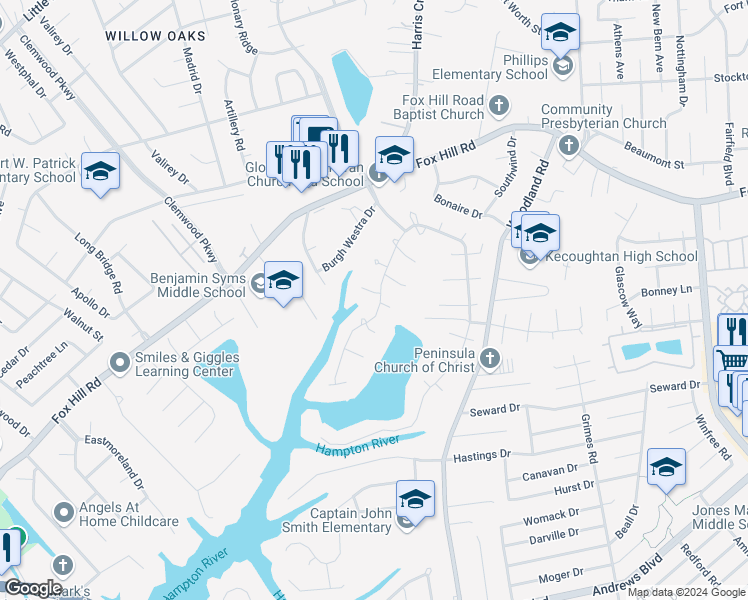 map of restaurants, bars, coffee shops, grocery stores, and more near 332 Swanns Point Circle in Hampton