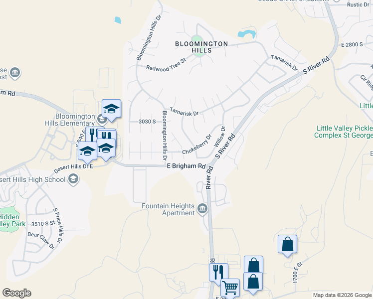 map of restaurants, bars, coffee shops, grocery stores, and more near 1157 Chokeberry Drive in St. George