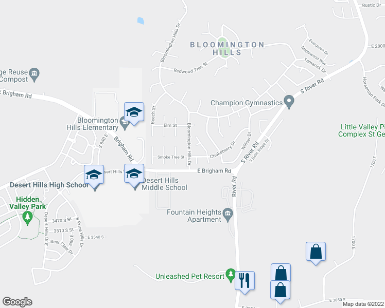 map of restaurants, bars, coffee shops, grocery stores, and more near 1111 Chokeberry Drive in St. George