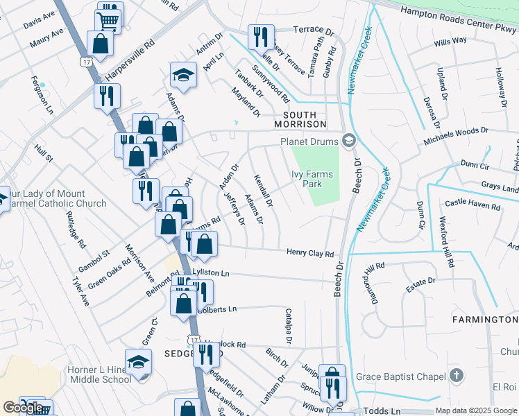 map of restaurants, bars, coffee shops, grocery stores, and more near 117 Adams Drive in Newport News