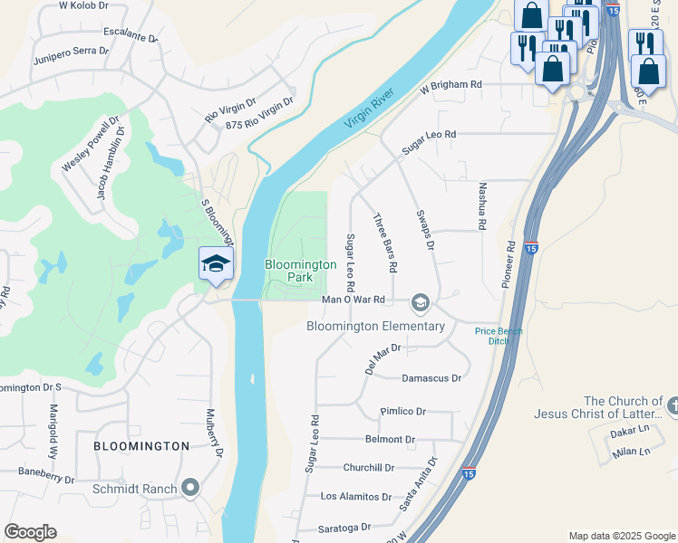 map of restaurants, bars, coffee shops, grocery stores, and more near 3238 Sugar Leo Road in St. George