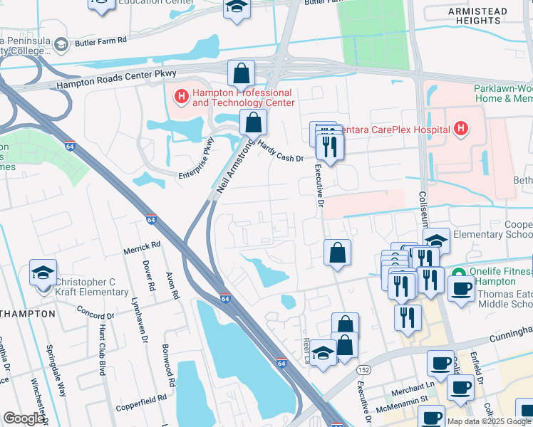 map of restaurants, bars, coffee shops, grocery stores, and more near 131 Haverford Court in Hampton