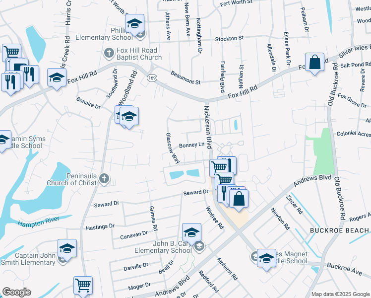 map of restaurants, bars, coffee shops, grocery stores, and more near 22 Bonney Lane in Hampton