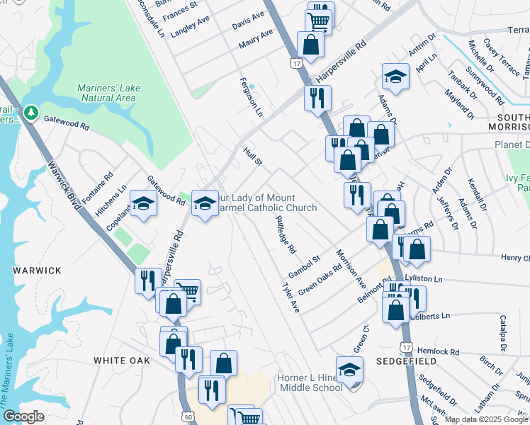 map of restaurants, bars, coffee shops, grocery stores, and more near 9 Rutledge Road in Newport News