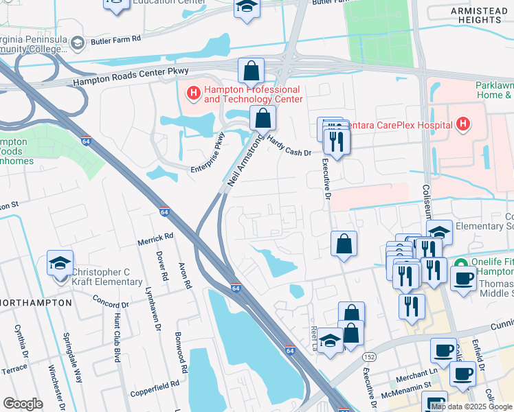 map of restaurants, bars, coffee shops, grocery stores, and more near 136 Wells Court in Hampton