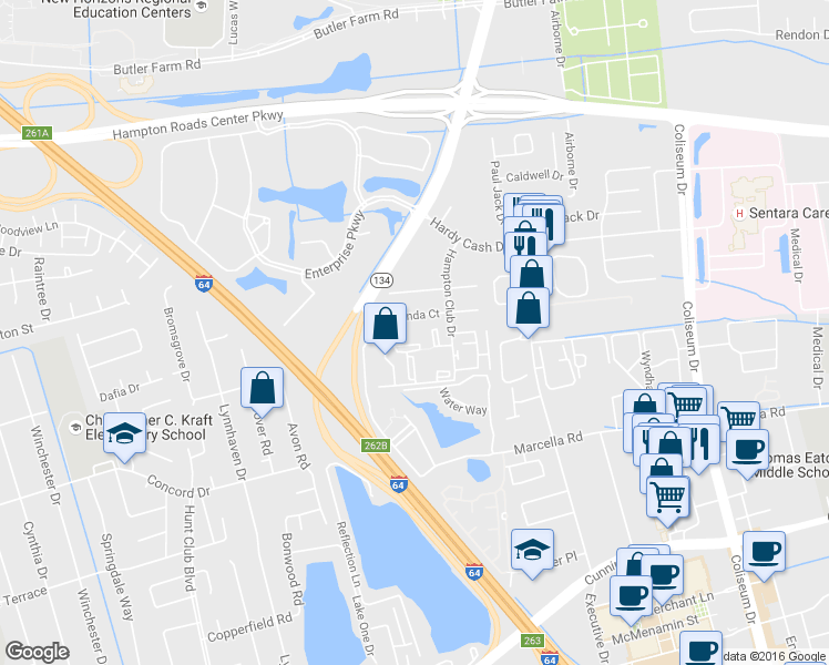 map of restaurants, bars, coffee shops, grocery stores, and more near 136 Wells Court in Hampton