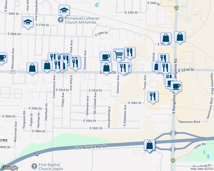 map of restaurants, bars, coffee shops, grocery stores, and more near 2120 East 32nd Court in Joplin