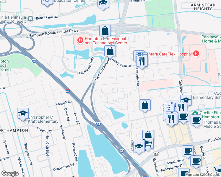 map of restaurants, bars, coffee shops, grocery stores, and more near 161 Haverford Court in Hampton