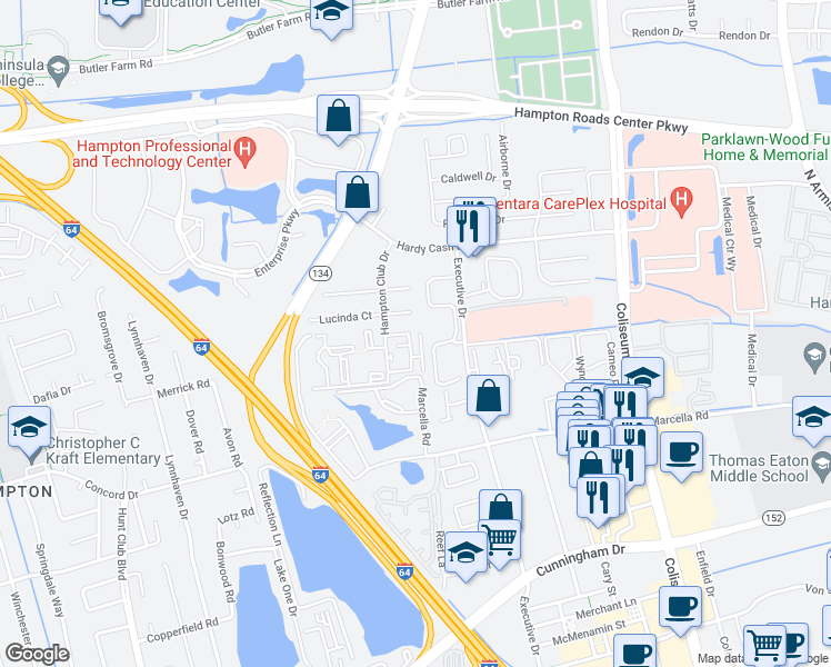 map of restaurants, bars, coffee shops, grocery stores, and more near 125 Pacific Drive in Hampton