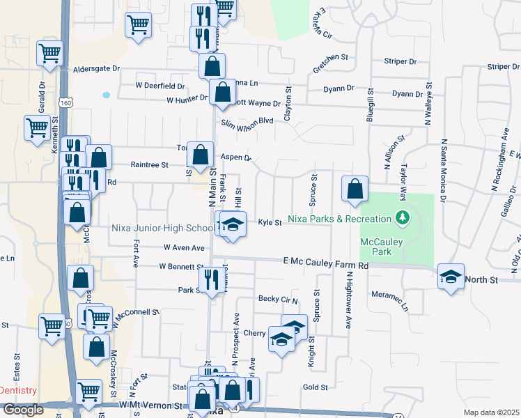 map of restaurants, bars, coffee shops, grocery stores, and more near 704 Lone Oak Avenue in Nixa