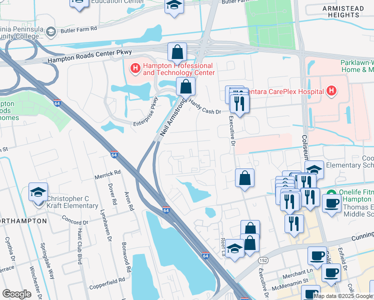 map of restaurants, bars, coffee shops, grocery stores, and more near 161 Haverford Court in Hampton