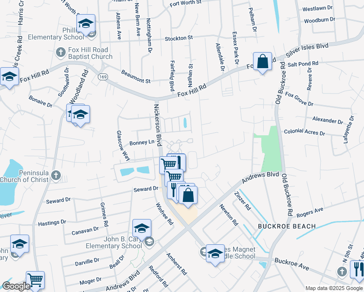 map of restaurants, bars, coffee shops, grocery stores, and more near 102 Ferry Landing Lane in Hampton