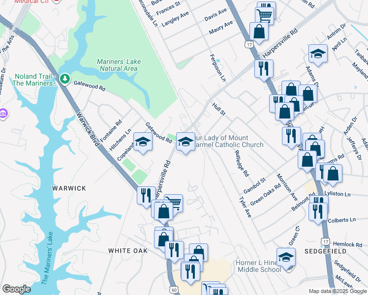 map of restaurants, bars, coffee shops, grocery stores, and more near 100 Harpersville Road in Newport News