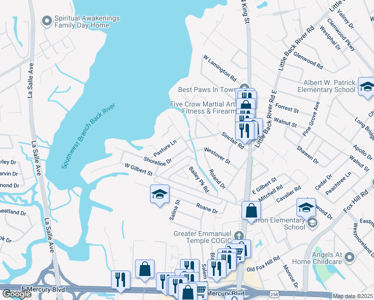 map of restaurants, bars, coffee shops, grocery stores, and more near 309 Shoreline Drive in Hampton