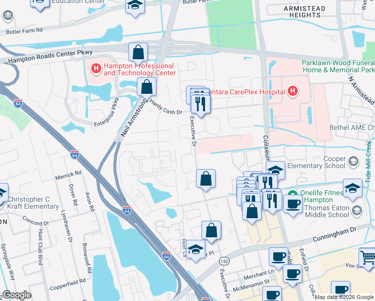 map of restaurants, bars, coffee shops, grocery stores, and more near 8116 Terrell Lane in Hampton