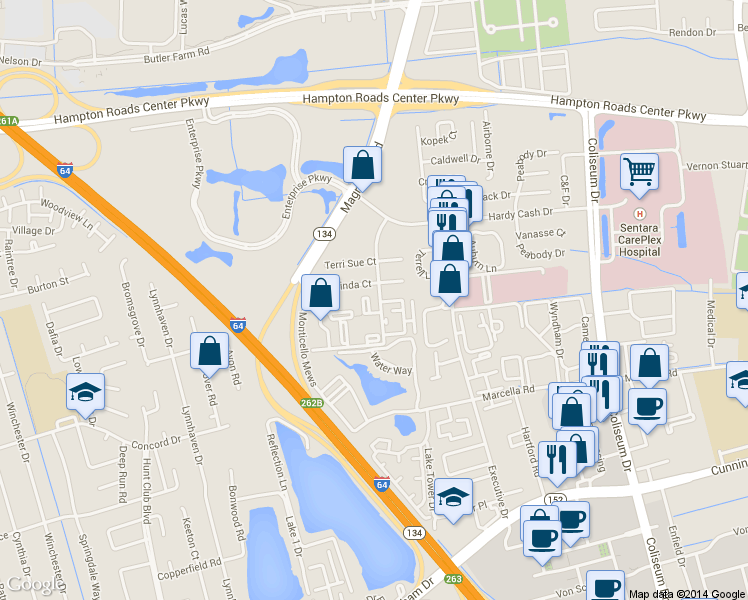 map of restaurants, bars, coffee shops, grocery stores, and more near 131 Haverford Court in Hampton