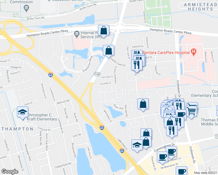 map of restaurants, bars, coffee shops, grocery stores, and more near 131 Haverford Court in Hampton