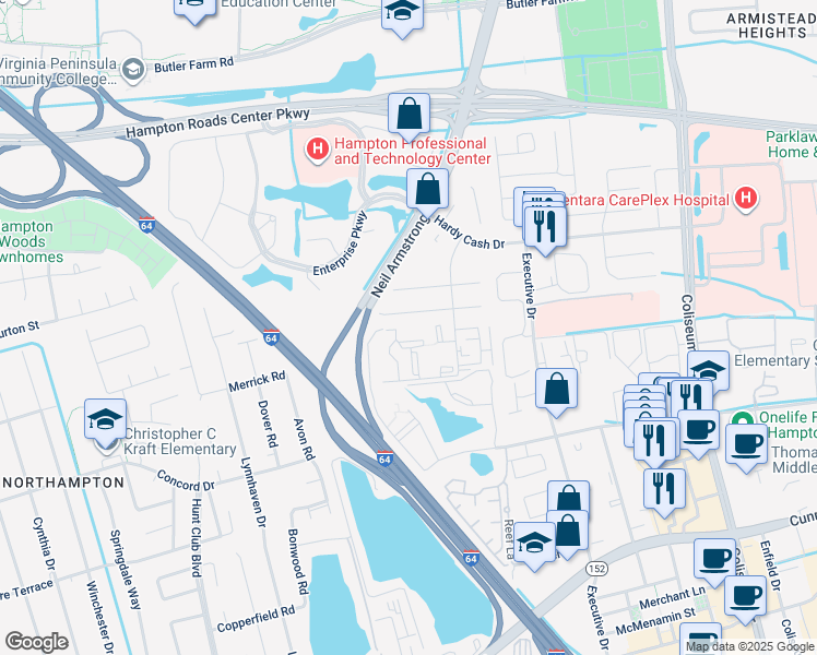 map of restaurants, bars, coffee shops, grocery stores, and more near 226 Wells Court in Hampton