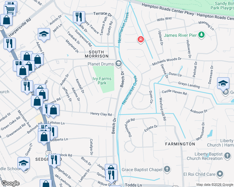 map of restaurants, bars, coffee shops, grocery stores, and more near 563 Beech Drive in Newport News