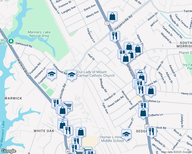 map of restaurants, bars, coffee shops, grocery stores, and more near 9 Rutledge Road in Newport News