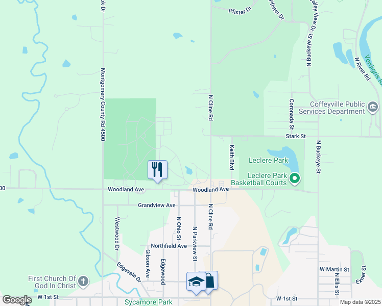 map of restaurants, bars, coffee shops, grocery stores, and more near 1002 North Cline Road in Coffeyville