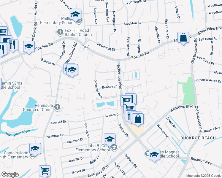 map of restaurants, bars, coffee shops, grocery stores, and more near 28 Bonney Lane in Hampton