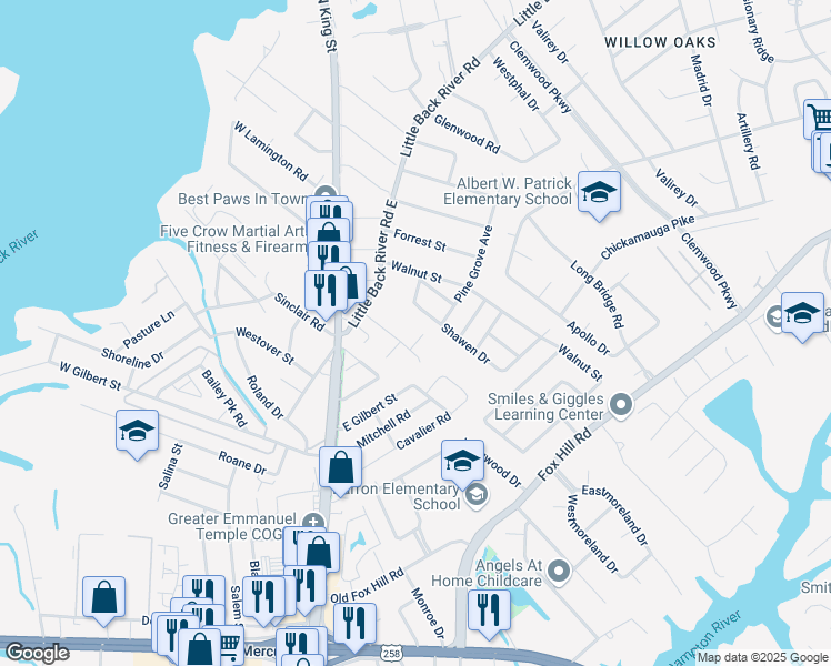map of restaurants, bars, coffee shops, grocery stores, and more near 6 Overbrooke Place in Hampton
