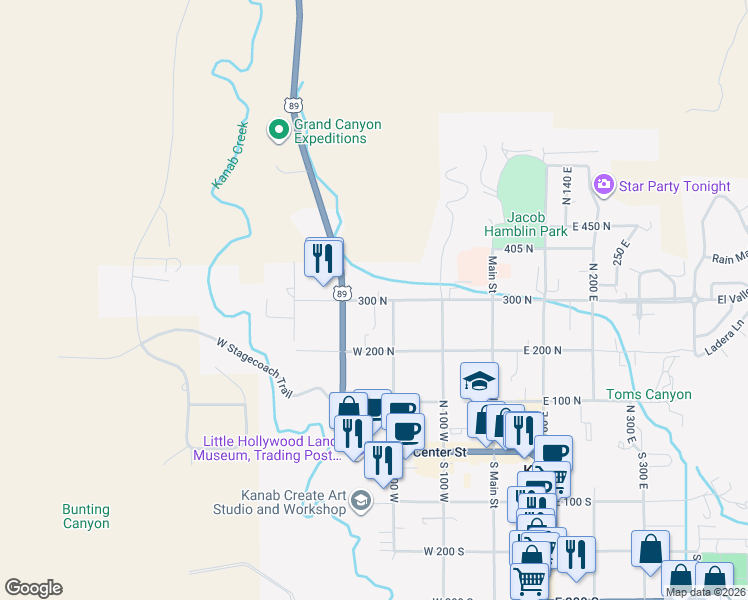 map of restaurants, bars, coffee shops, grocery stores, and more near 239 300 North in Kanab