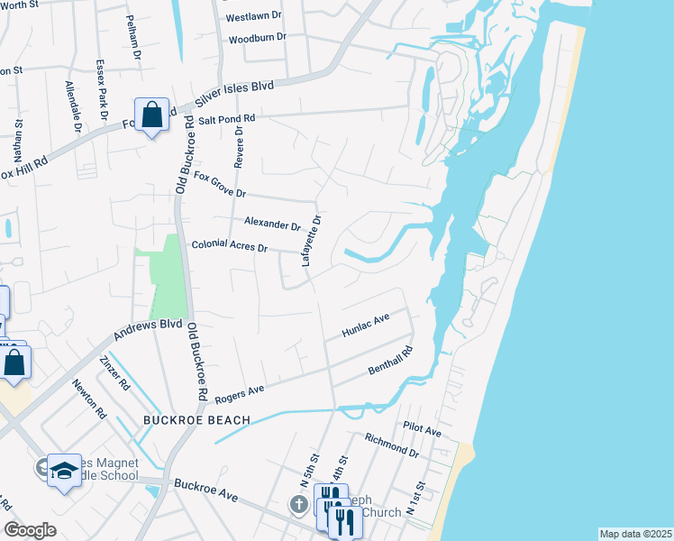 map of restaurants, bars, coffee shops, grocery stores, and more near 36 Chowning Drive in Hampton
