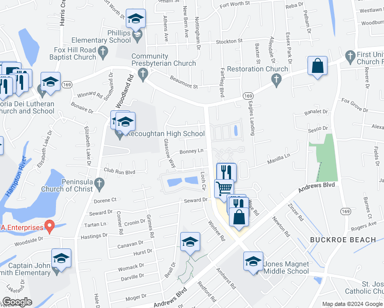 map of restaurants, bars, coffee shops, grocery stores, and more near 28 Bonney Lane in Hampton