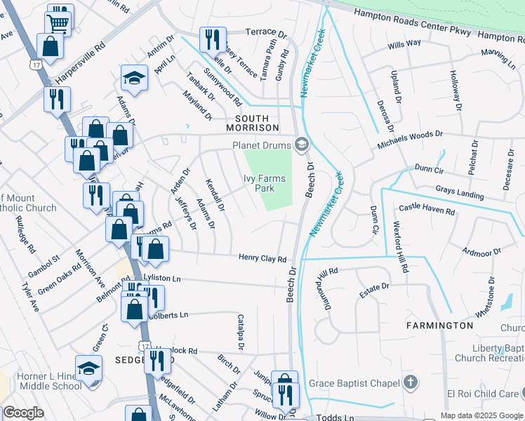 map of restaurants, bars, coffee shops, grocery stores, and more near 113 Haviland Drive in Newport News