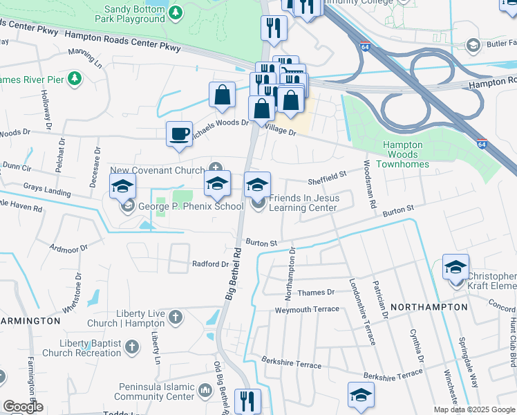map of restaurants, bars, coffee shops, grocery stores, and more near 1062 Big Bethel Road in Hampton