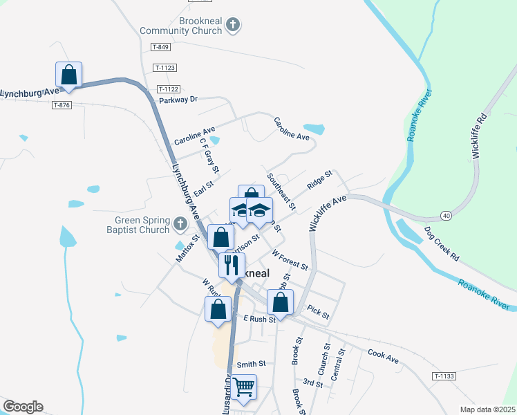 map of restaurants, bars, coffee shops, grocery stores, and more near 205 Charlotte Street in Brookneal