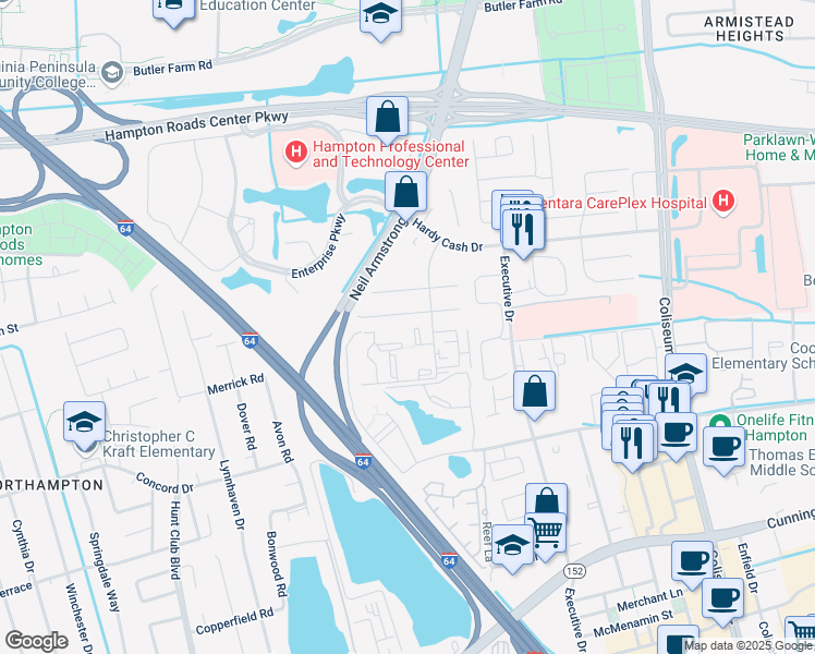 map of restaurants, bars, coffee shops, grocery stores, and more near 157 Haverford Court in Hampton