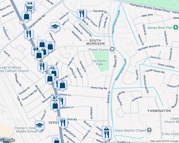 map of restaurants, bars, coffee shops, grocery stores, and more near 106 Basswood Drive in Newport News