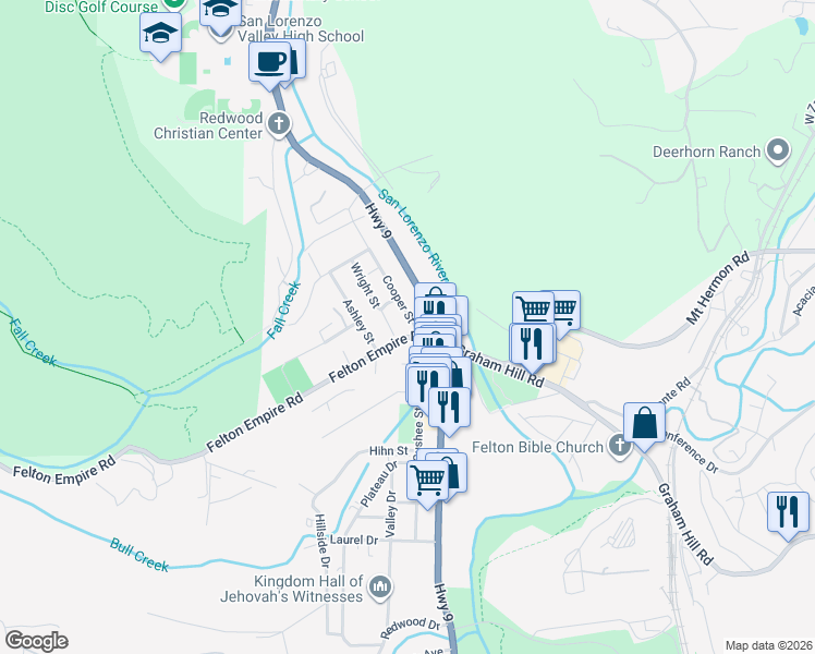 map of restaurants, bars, coffee shops, grocery stores, and more near 6329 Cooper Street in Felton