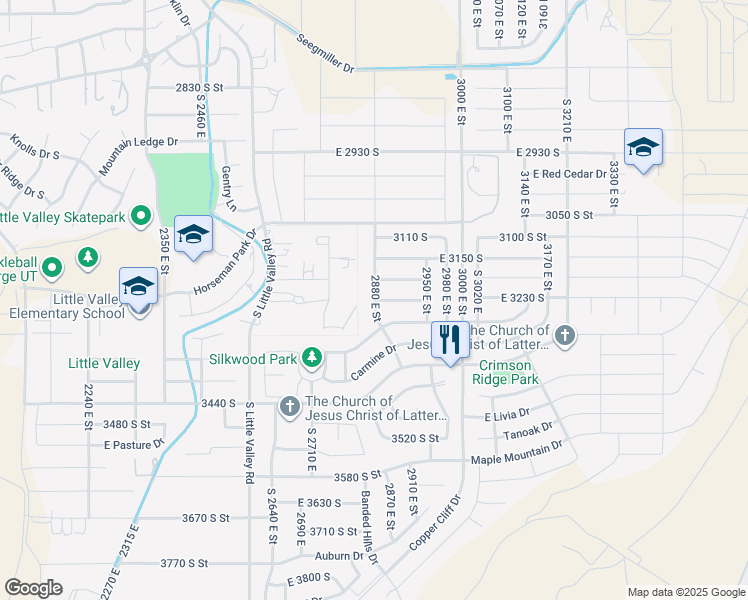 map of restaurants, bars, coffee shops, grocery stores, and more near 2880 East Street in Saint George