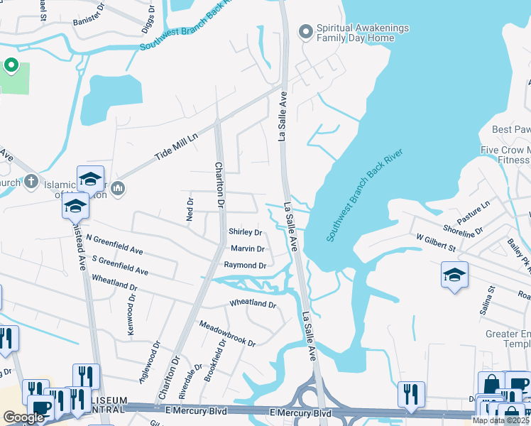 map of restaurants, bars, coffee shops, grocery stores, and more near 16 Overton Drive in Hampton