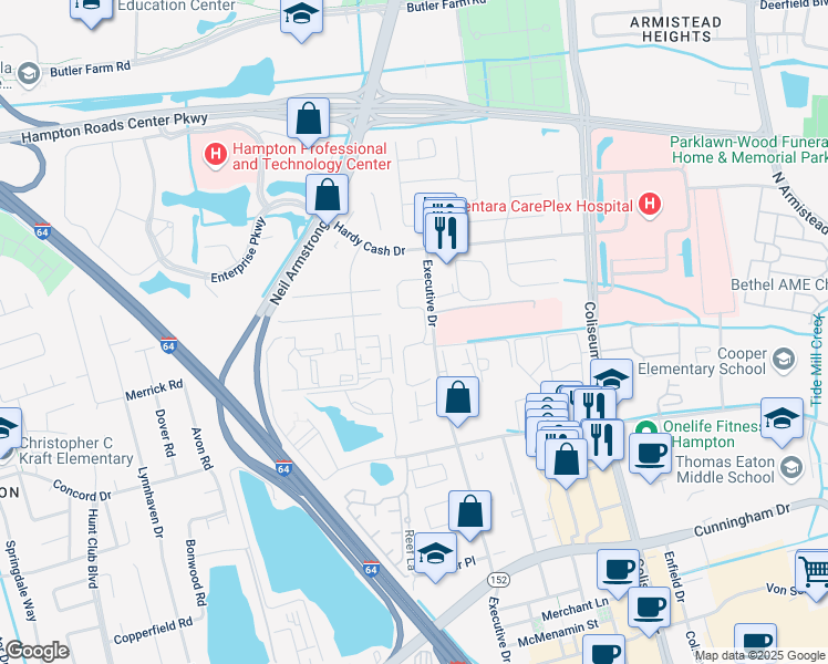 map of restaurants, bars, coffee shops, grocery stores, and more near 8116 Terrell Lane in Hampton
