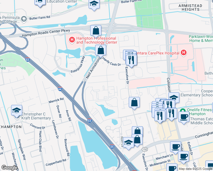 map of restaurants, bars, coffee shops, grocery stores, and more near 131 Haverford Court in Hampton